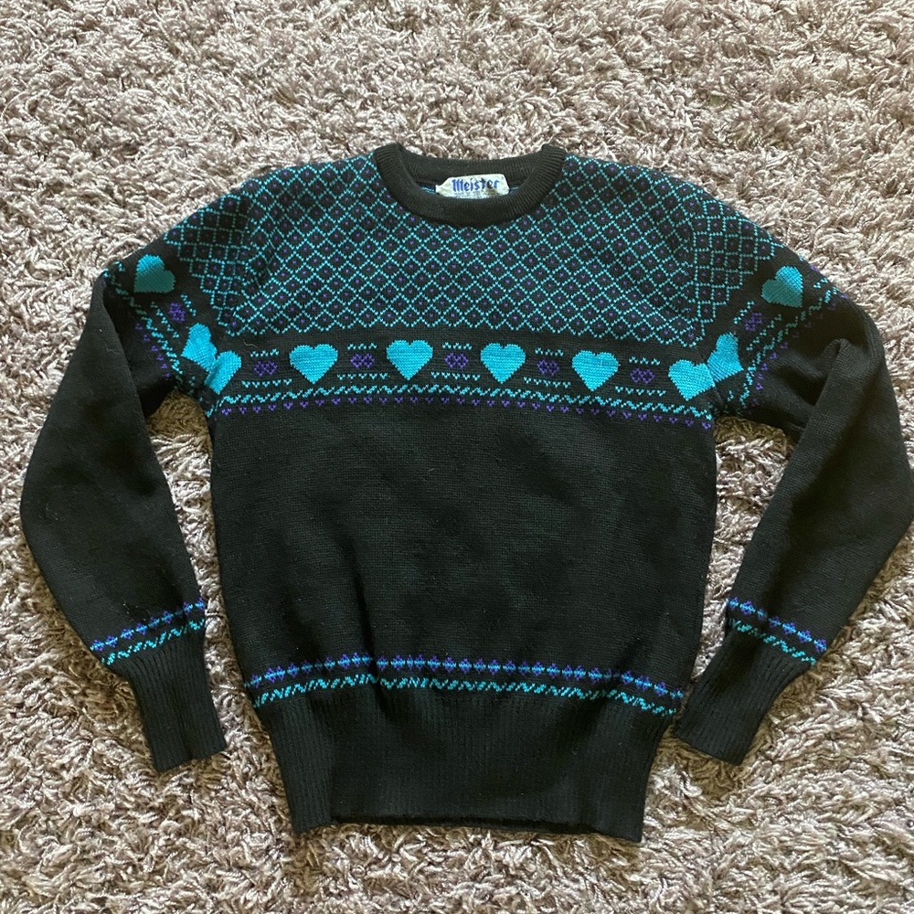 100% Wool Vintage Meister Blue Hearts Sweater